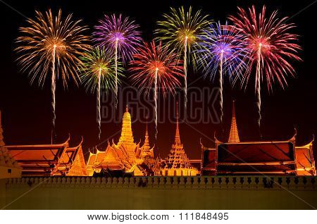 Firework Celebration At Wat Phra Kaeo, Bangkok, Thailand.