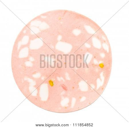 One Slice of Sausage Mortadella on white background