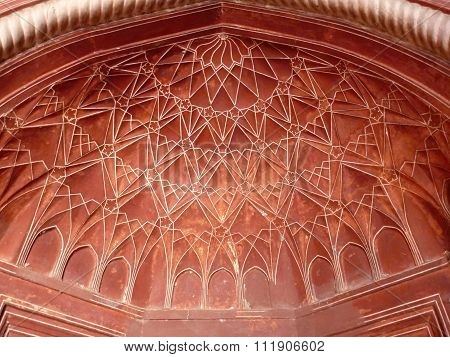 Decorated Red Painted Wault In Indian Temple