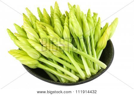 A bowl of freshly picked Moonflower (Ipomoea alba) also known as tropical white morning glory, moon vine isolated on white. These green flowers are eaten as vegetable in Southeast Asia
