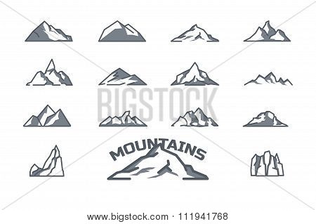 mountain icons set. Line art. Stock vector.