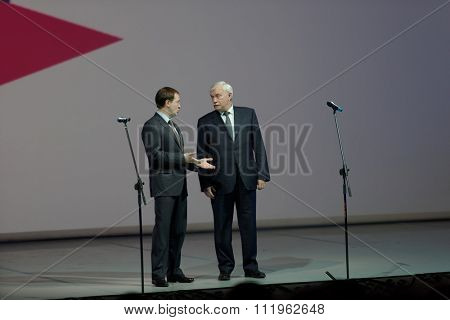ST. PETERSBURG, RUSSIA - DECEMBER 16, 2015: Russian Minister of culture Vladimir Medinsky and Governor of St. Petersburg Georgy Poltavchenko open the closing ceremony of International Cultural Forum