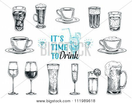 Vector hand drawn illustration with drinks.