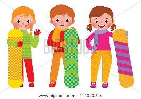 Children Snowboarders Isolated On White Background