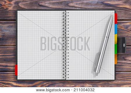 Pen near Black Leather Covered Personal Diary or Organiser Book with Blank Pages for Yours Design over Wooden Table extreme closeup. 3d Rendering