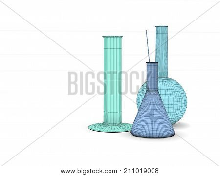 Laboratory glassware. Three flasks on the table. Image chemical glass flasks. Round flask, conical flask and measuring cylinder. Illustration of laboratory procedures.