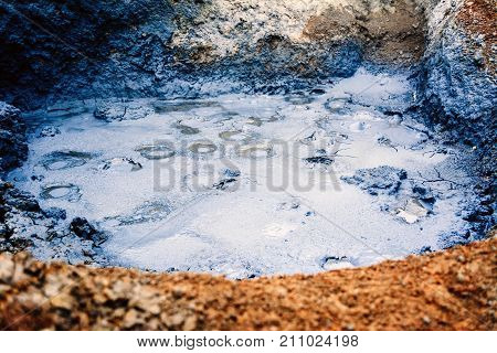 Fumarole field in Namafjall, Iceland. Geothermal beauty landscape.