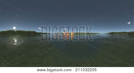 Computer generated 3D illustration with a spherical 360 degrees seamless panorama of bathing women and dwarfs on a raft in a river landscape