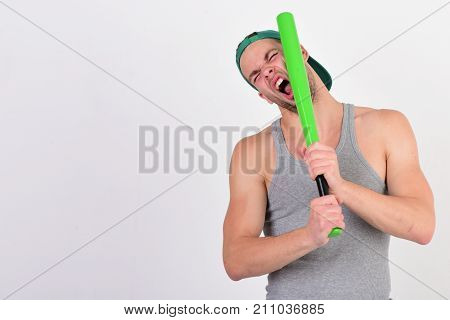 Man In Cyan Green Baseball Hat On White Background