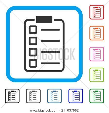 Checklist Pad icon. Flat gray pictogram symbol inside a light blue rounded frame. Black, gray, green, blue, red, orange color additional versions of Checklist Pad vector.