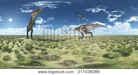 Computer generated 3D illustration with a spherical 360 degrees seamless panorama of the dinosaur Tyrannotitan and the pterosaur Quetzalcoatlus