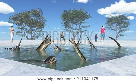 Computer generated 3D illustration with prehistoric marine reptiles in a water pool