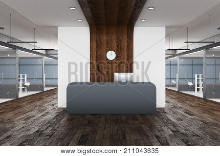 Front view of reception desk in modern office interior. 3D Rebdering