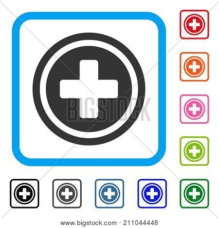 Pharmacy Cross icon. Flat gray iconic symbol inside a light blue rounded frame. Black, gray, green, blue, red, orange color additional versions of Pharmacy Cross vector. Designed for web and app UI.