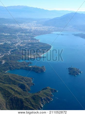 Aerial view over Gocek and Fethiye on the Meditteranean coast of Turkey.