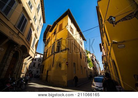 Florence, Italy - October, 2017. Narrow Street In Florence, Tuscany, Italy. Architecture And Landmar