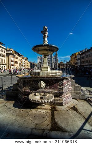 Florence, Italy - October, 2017. Narrow Street In Florence, Tuscany, Italy. Architecture And Landmar