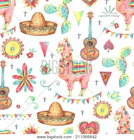 Mexican watercolor seamless pattern, sun, cactus, lama, sombrero, flowers, flags. Day of The Dead illustration. Cinco de Mayo hand painted texture