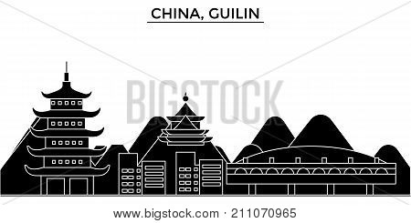 China, Guilin architecture skyline with landmarks, urban cityscape, buildings, houses, , vector city landscape, editable strokes