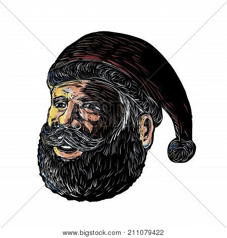 Scratchboard style illustration of head of Santa Claus three-quarter view done on scraperboard on isolated background.