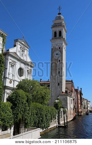 Church And Bell Tower Called San Giorgio Dei Greci In Venice