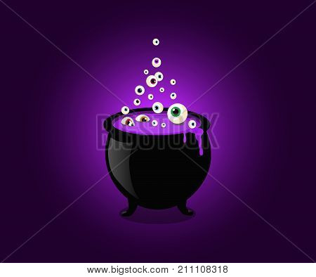 Halloween witch cauldron with bubbling purple goo and boiling eye balls. Vector illustration clip art.