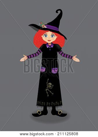 Halloween vector illustration of young witch with curly ginger hair and blue eyes isolated on grey background. Cute cartoon witch vector illustration clip art.