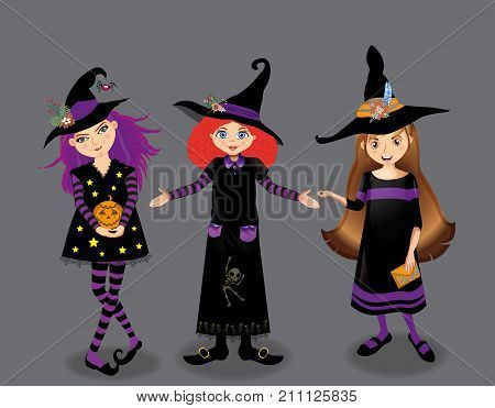Halloween vector illustration of three young witches isolated on grey background. Cute cartoon witches vector illustration clip art.