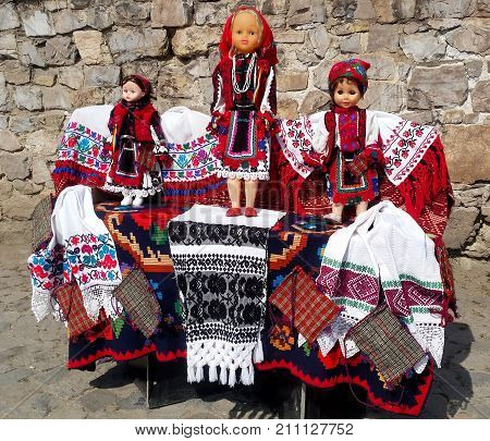 Traditional Romanian handcraft and colorful vintage souvenirs