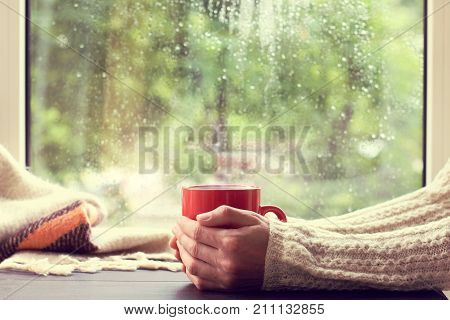 red mug of hot drink in hand when behind is window is rain / cozy home atmosphere in autumn