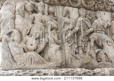 THESSALONIKI, GREECE - SEPTEMBER 30, 2017: Roman Arch of Galerius in the center of city of Thessaloniki, Central Macedonia, Greece
