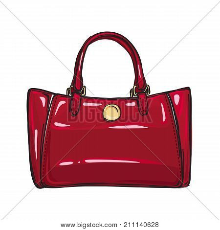 Fashionable red women bag with gold clasp isolated on background. Fashionable accessory for chic, elegant and casual outfits. Vector illustration of spacious and glamorous handbag.