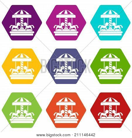 Carousel with horses icon set many color hexahedron isolated on white vector illustration