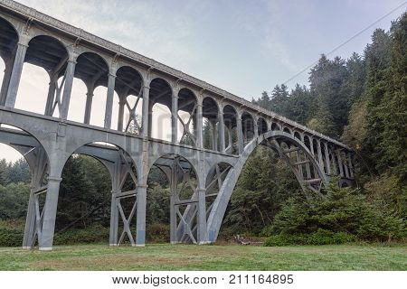 Bridge in the fog near Heceta Head Lighthouse, Oregon coast