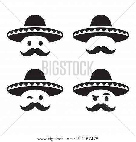 Mexican sombrero hat with funny moustache smiley face different expressions set. Simple and minimal vector illustration icon or logo.