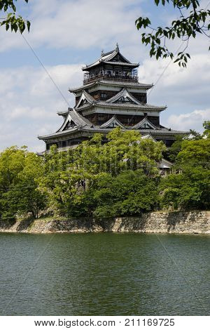 Hiroshima, Japan -  May 27, 2017: Replica of the original Hiroshima Castle, Carp castle in Hiroshima 