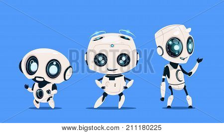 Group Of Modern Robots Isolated On Blue Background Cute Cartoon Character Artificial Intelligence Concept Flat Vector Illustration