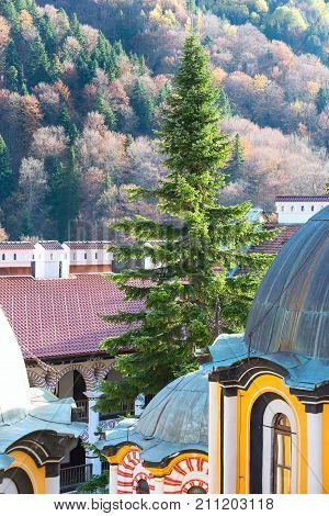 Rila monastery details close-up and autumn mountain trees at background