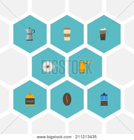 Flat Icons Arabica Bean, French Press, Ibrik And Other Vector Elements