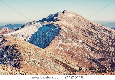 Footpath leading up the peak Dumbier Low Tatras Slovak republic. Hiking theme. Mountains scene. Red photo filter.