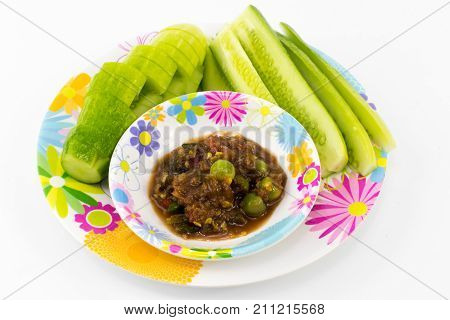 Shrimp Paste Sauce With Solanum Torvum And Cucumber In Small Dish