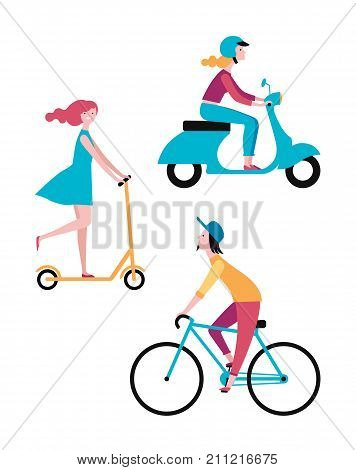 People on the street. Vector set of characters. A girl rides a scooter. A man rides a bicycle. Color image.