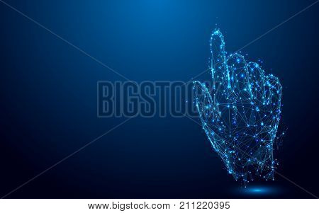 Hand touch something from lines and triangles point connecting network on blue background. Illustration vector