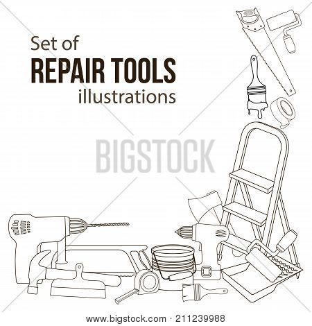 Set of building repair tools line cartoon illustration of repair tools. Vector