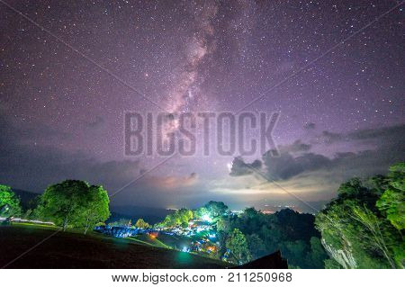 Landscape of milky way and star on dark sky at Pha Hua Singha at Doi Samer Daw Night photography of milky way in Sri Nan national park Nan Province Thailand.