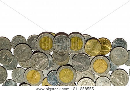 money Coin Rising Silver and gold Thai baht coins charts with reflection isolated on white background Coin stacks on a white background