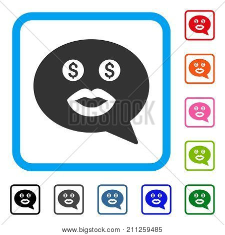 Prostitute Smiley Message icon. Flat grey pictogram symbol inside a blue rounded rectangular frame. Black, gray, green, blue, red, orange color additional versions of Prostitute Smiley Message vector.