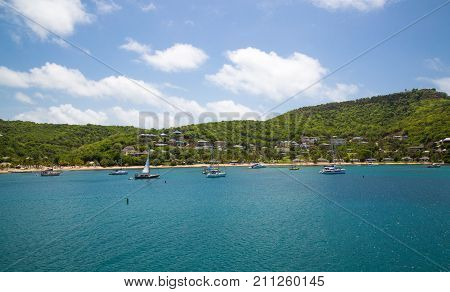 Antigua, Caribbean islands - May 20, 2017: English Harbour view with Galeon beach with yachts and sailing boats