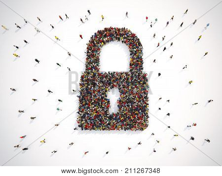 Group of people forms a closed lock, security concept. 3D rendering