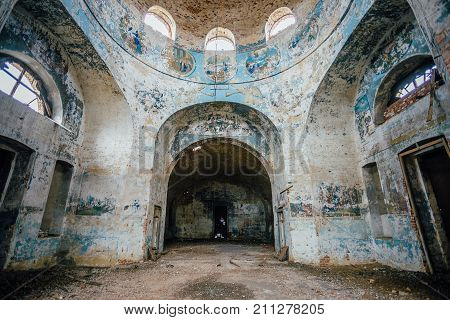 Abandoned church interior. Ruined abandoned Church of the Intercession of the Blessed Virgin Mary in Lipovka, Voronezh region